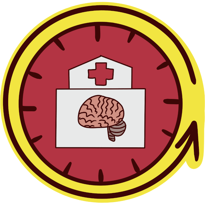 image of an entirely red clock face with a building with a red cross and a brain on it, representing a psychiatric hospital. a highlighted arrow circles the clock face entirely